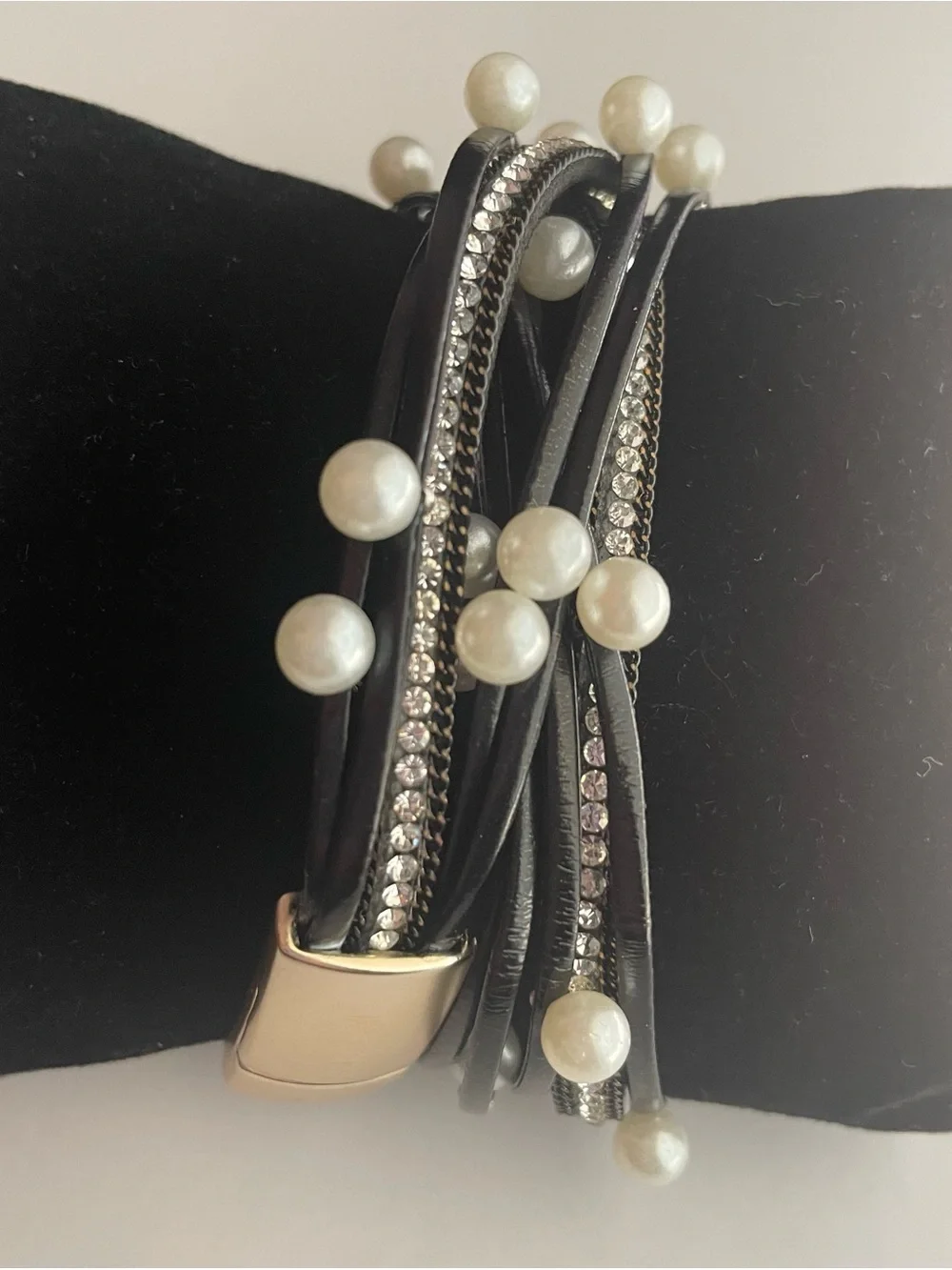 Black Pearl & Crystal Multi-Strand Wrap Bracelet with a gold magnetic closure